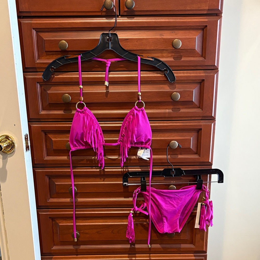 NWT Vitamin A Hot Pink Fringe Bikini Set w/ Rustic Gold Hardware